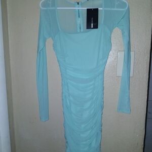 Fashion Nova Light Blue Ruched Midi Dress